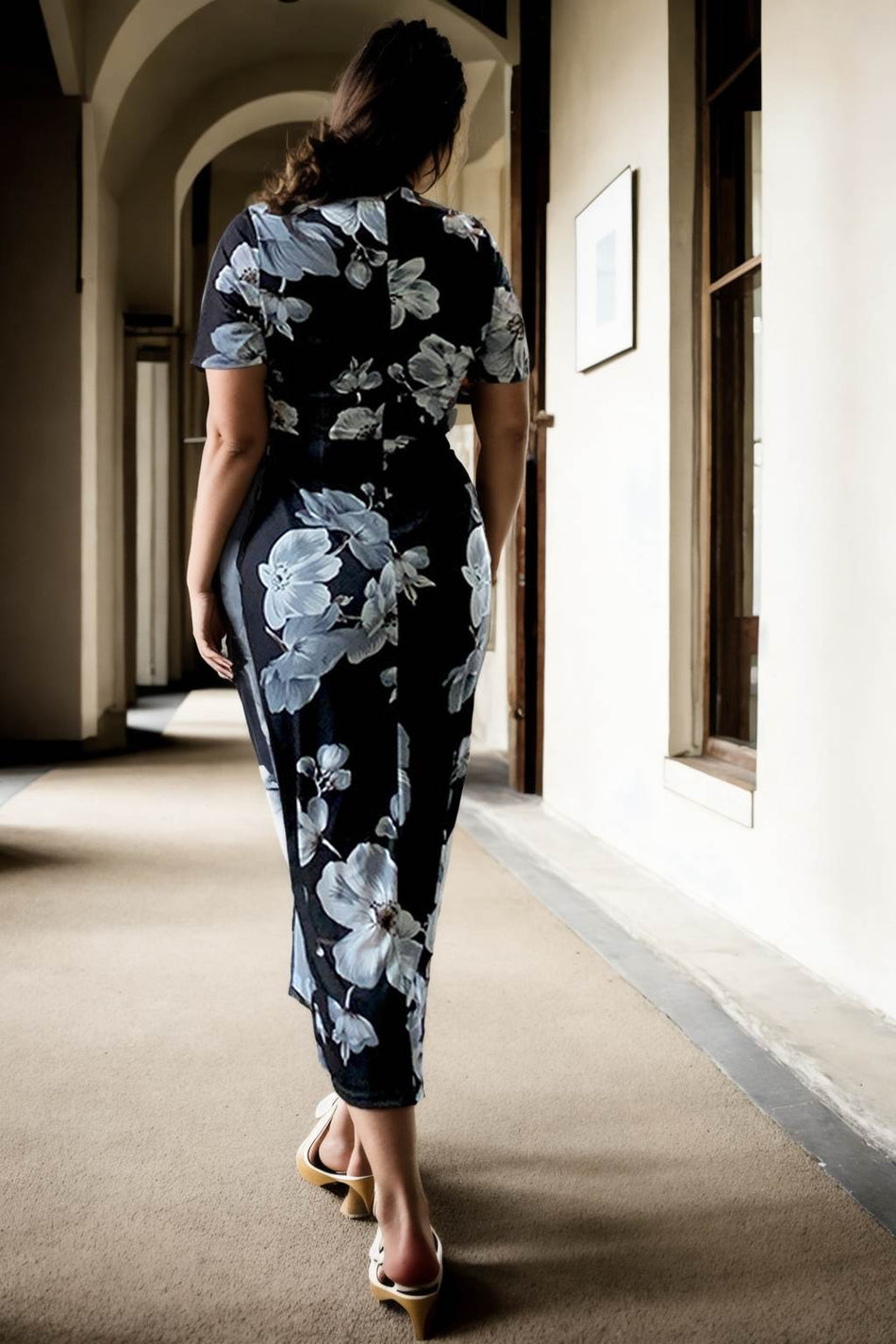 Plus Size Black Floral Cheongsam Chinese Dress - Back View