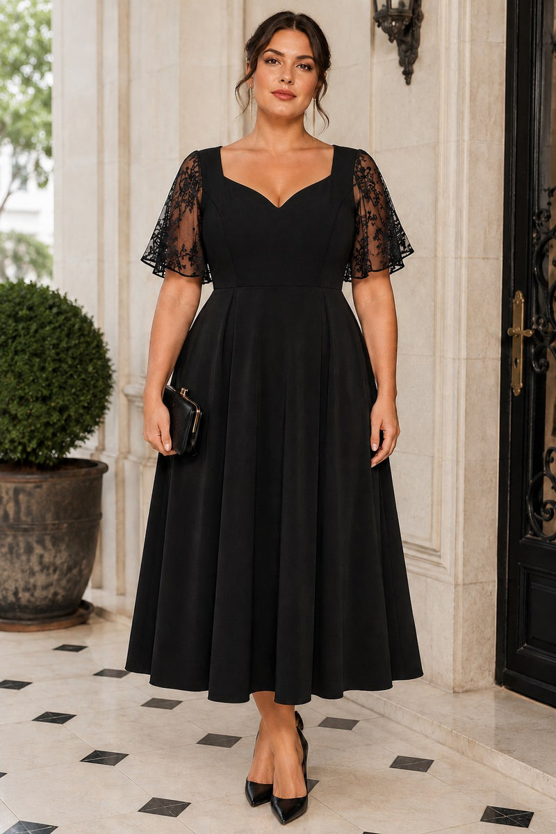 Plus Size Black Short Sleeve Cocktail Midi Dress