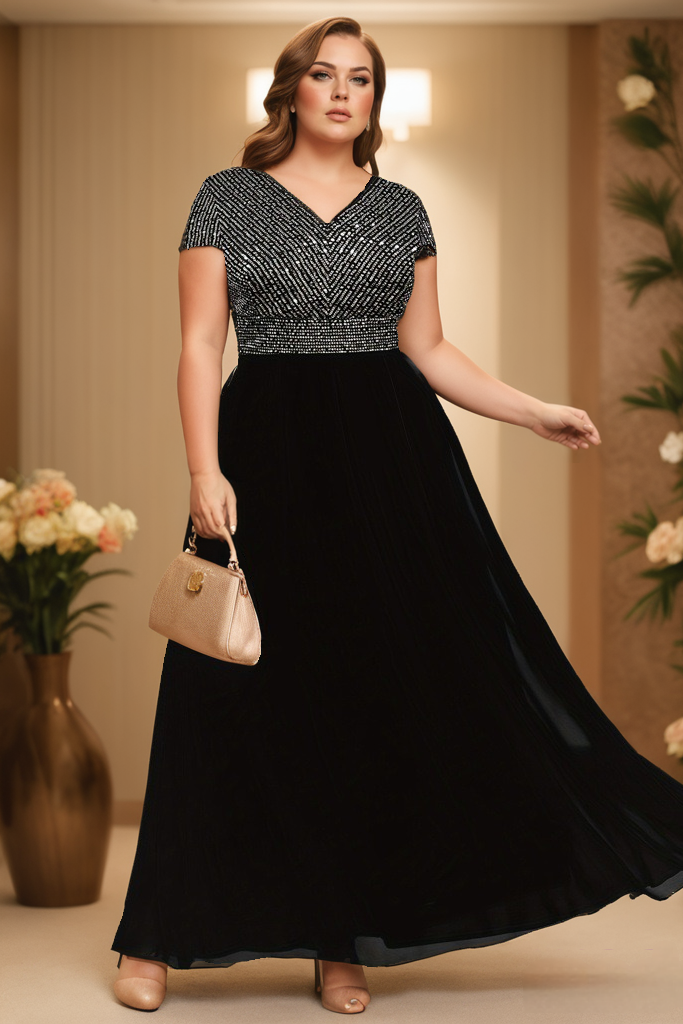 Plus Size Black Empire Waist Short Sleeve Gown