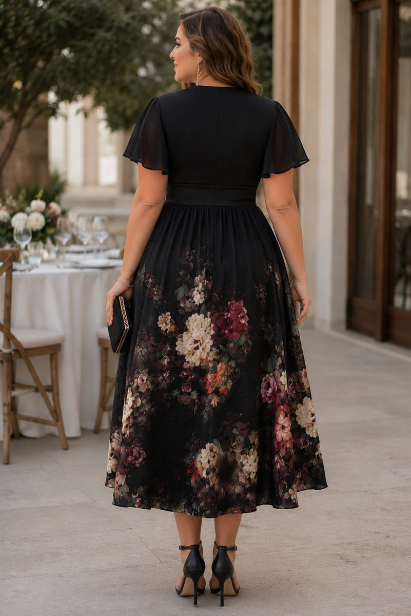 Plus Size Black Floral Wedding Guest Midi Dress– Hello Curve