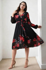 Plus Size Black Floral Wrap Long Sleeve Dress - Front View