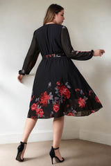Plus Size Black Floral Wrap Long Sleeve Dress - Back View