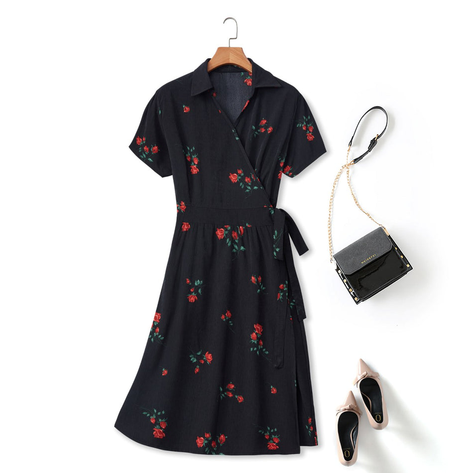 Plus Size Black Floral Wrap Shirt Dress