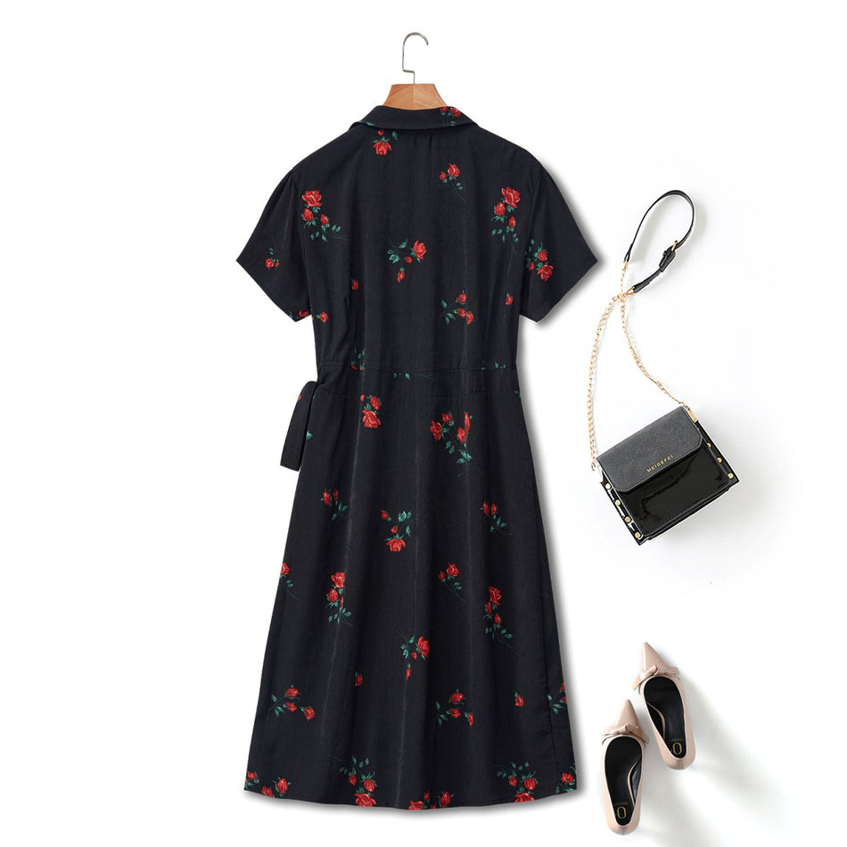 Plus Size Black Floral Wrap Shirt Dress