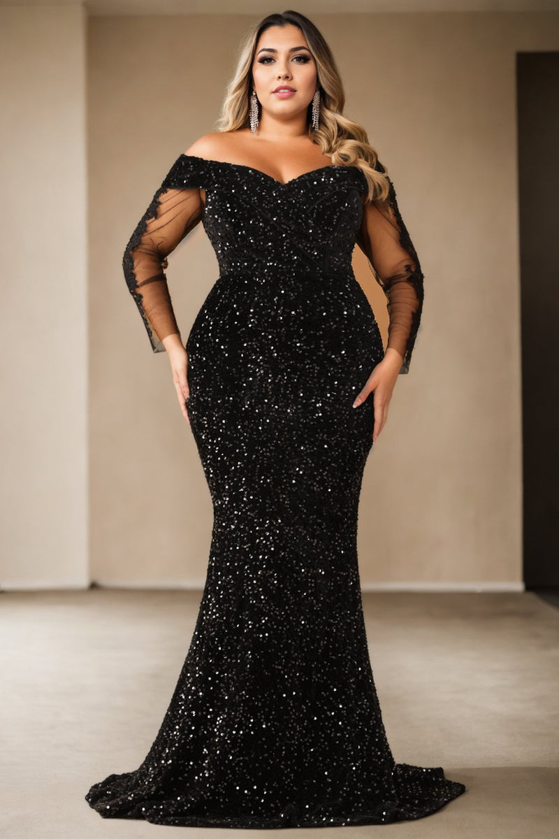 chinese dress ladies Elegant Glamorous Mermaid Plus Size Black Prom Dress with Leg Slit Black / 4XL main image 1
