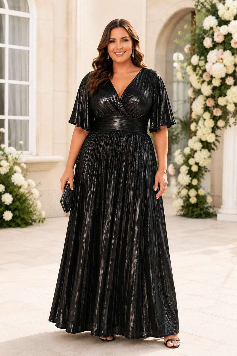 Plus Size Metallic Pleated Evening Maxi Dress– Hello Curve