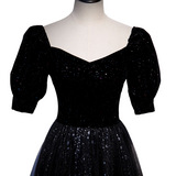 Plus Size Black Puff Sleeve Evening Dress