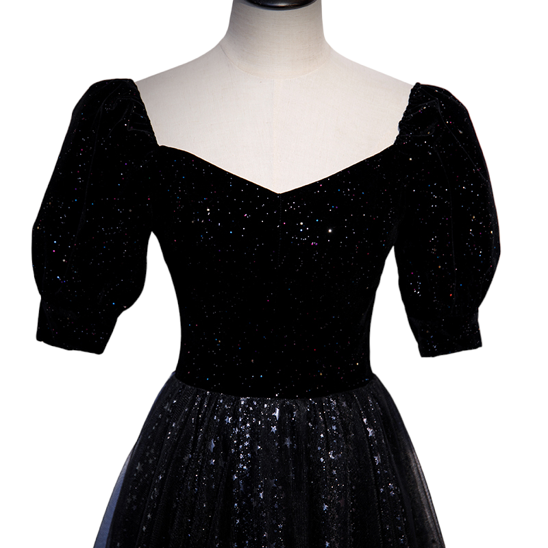 Plus Size Black Puff Sleeve Evening Dress