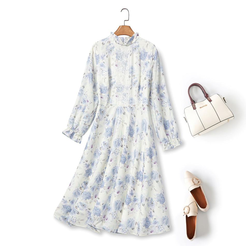 Saylor Plus Size Blue Floral Mandarin Collar Long Sleeve Dress