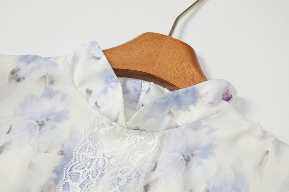 Saylor Plus Size Blue Floral Mandarin Collar Long Sleeve Dress