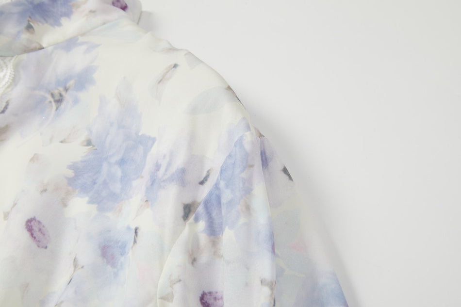 Saylor Plus Size Blue Floral Mandarin Collar Long Sleeve Dress