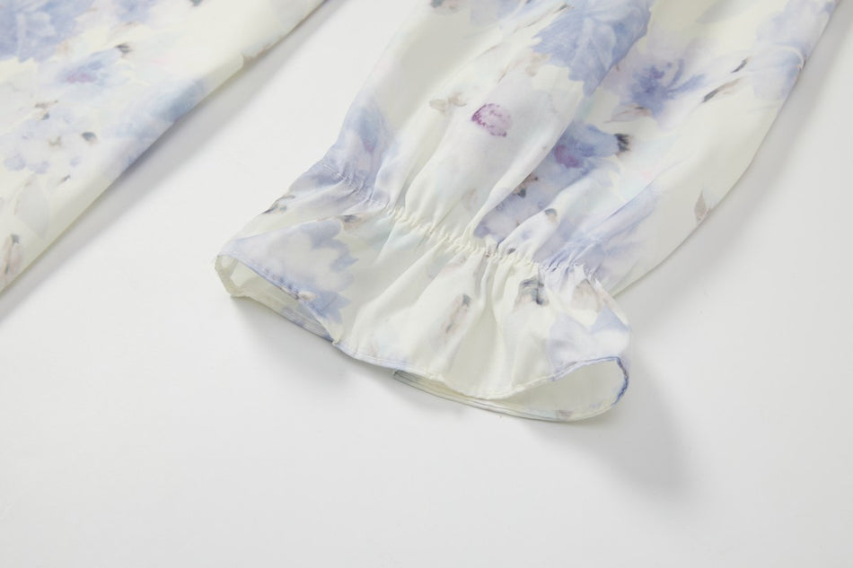 Saylor Plus Size Blue Floral Mandarin Collar Long Sleeve Dress