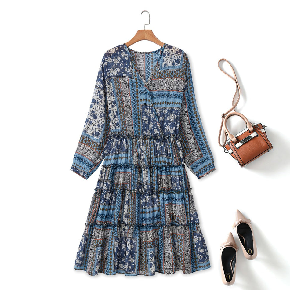 Plus Size Bohemian Print Long Sleeve Dress