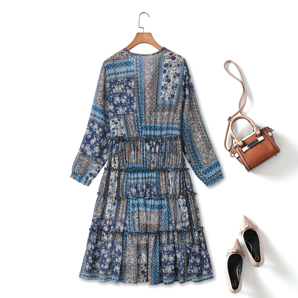 Plus Size Bohemian Print Long Sleeve Dress