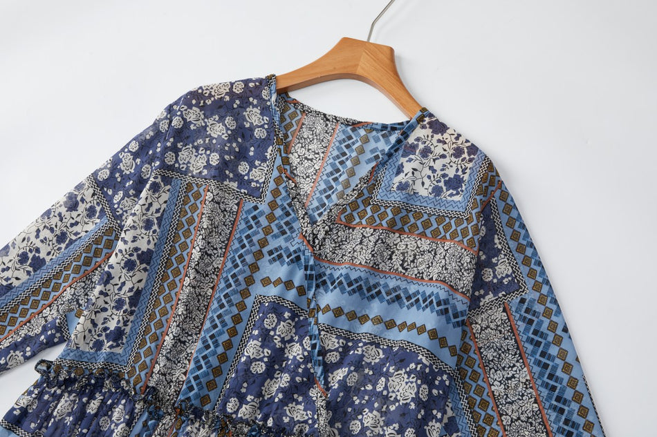 Indigo Plus Size Bohemian Print Long Sleeve Dress