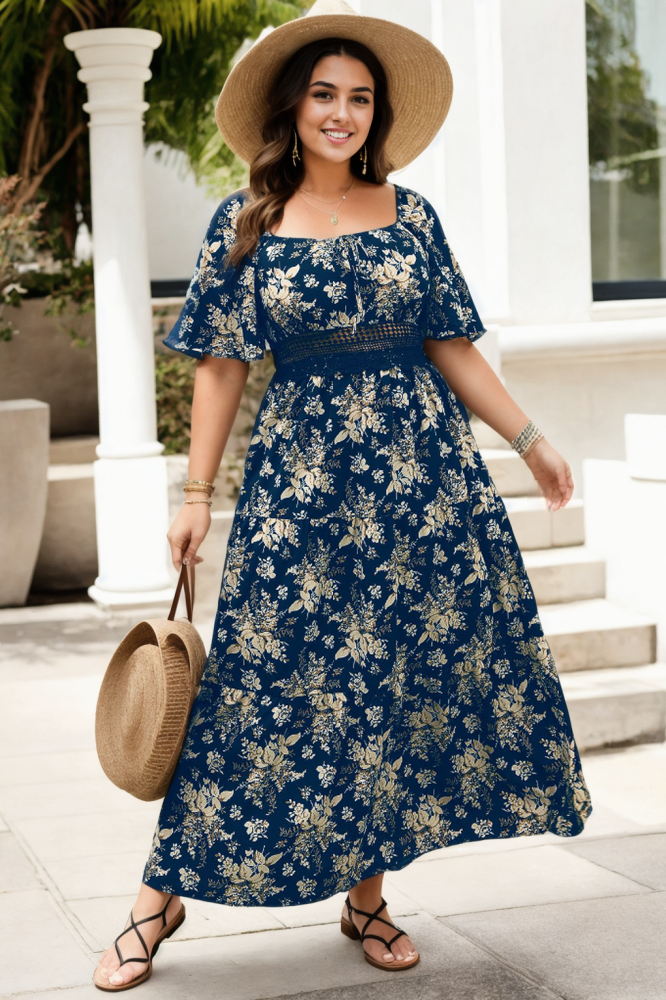 Plus Size Boho Maxi Dress - blue