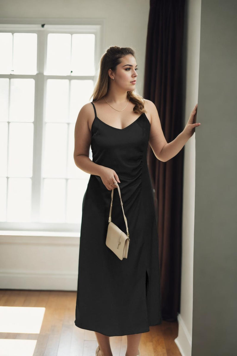 CAMISOLE DRESS WITH GATHERING - Black