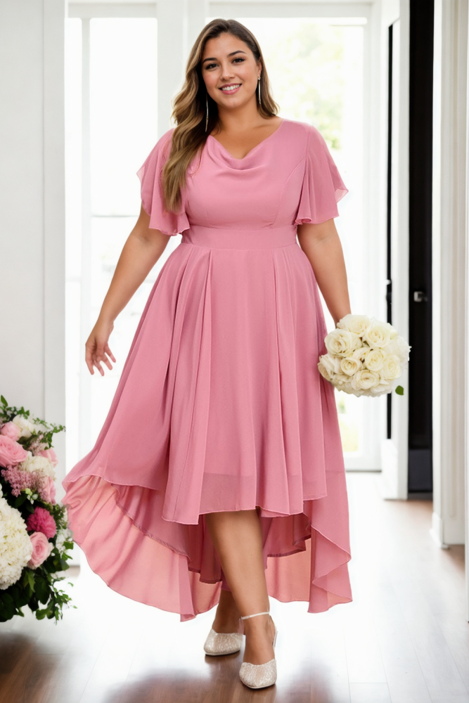 plus size cowl neck chiffon formal dress - pink