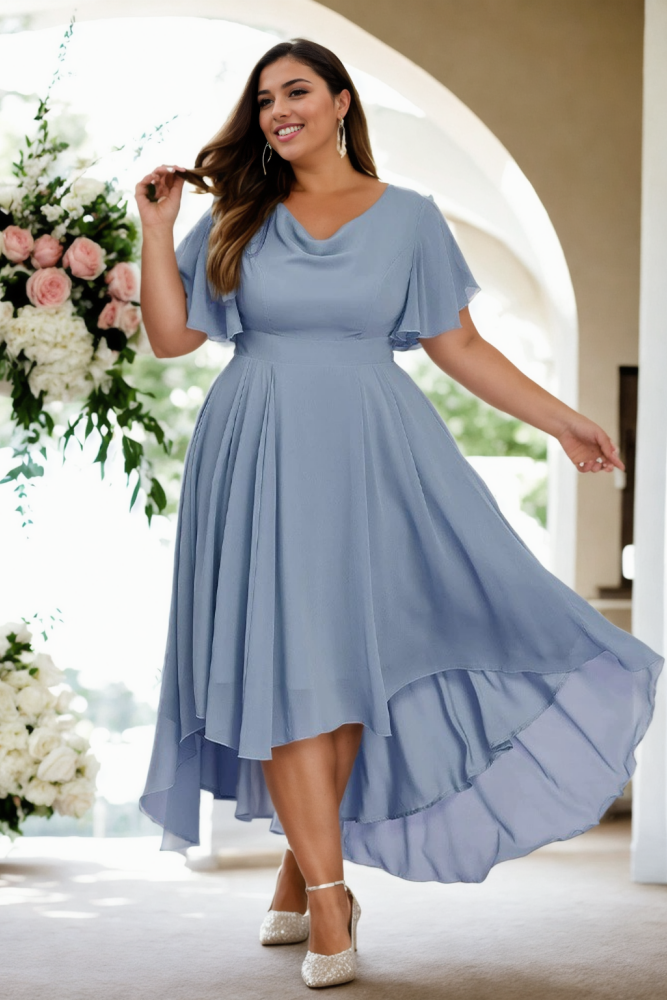 plus size cowl neck chiffon formal dress - dusty blue