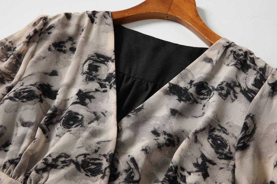 Plus Size Floral Wrap Long Sleeve Dress - wrap v neck line