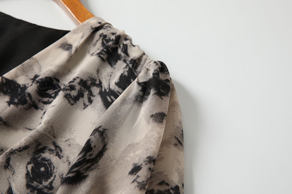 Plus Size Floral Wrap Long Sleeve Dress - puff sleeve