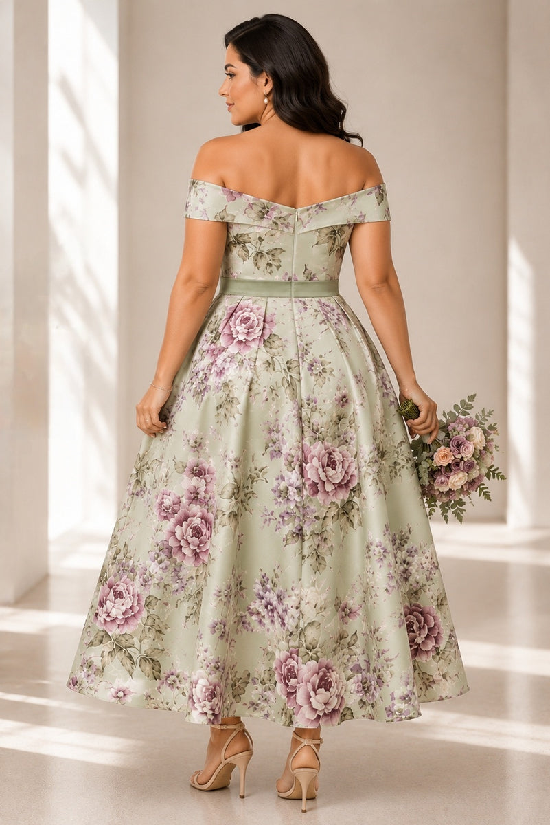 floral off the shoulder dress plus size Wedding Guest Dress– Hello Curve Color:Grey/Green* Country } } strapless sweetheart neckline White Christmas, Red Dress