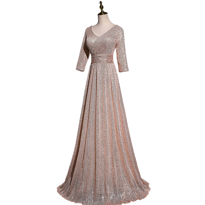 Plus Size Gold Mid Sleeve Evening Dress