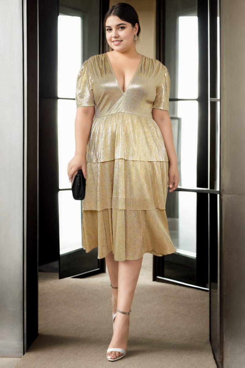 gold cocktail dress plus size Indigo Plus Size Gold Short Sleeve Cocktail Dress– Hello Curve