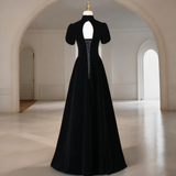 Plus Size Keyhole Black Short Sleeve Evening Dress - Back View