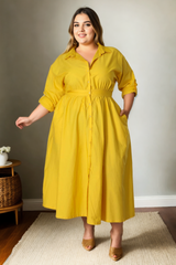 Plus Size Long Sleeve Shirt Dress - Mustard Yellow