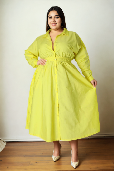 Plus Size Long Sleeve Shirt Dress - Light Yellow Front View