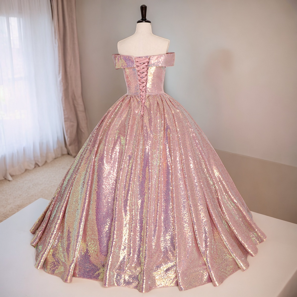 Plus Size Pastel Pink Off Shoulder Gown - Back View
