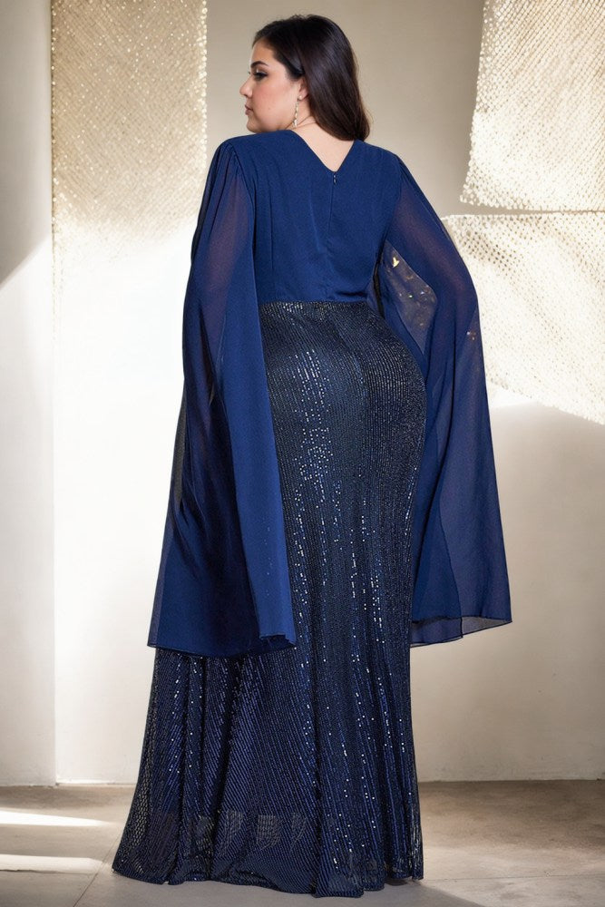 Plus Size Navy Cape Evening Dress - back view