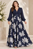 Floriane Plus Size Navy Floral Evening Dress