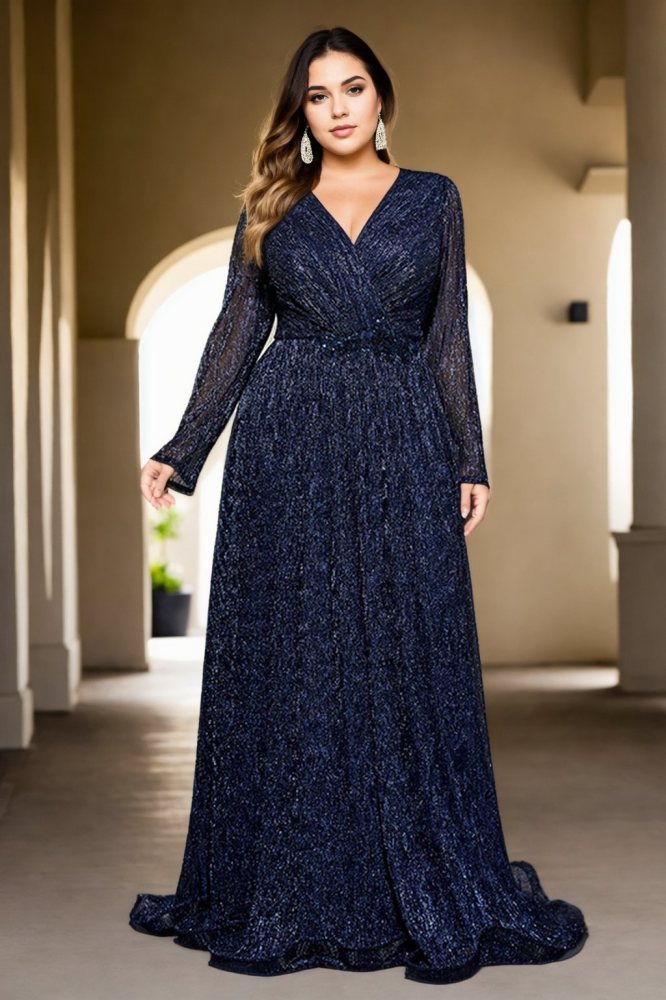 Elka Plus Size Navy Long Sleeve Evening Gown– Hello Curve