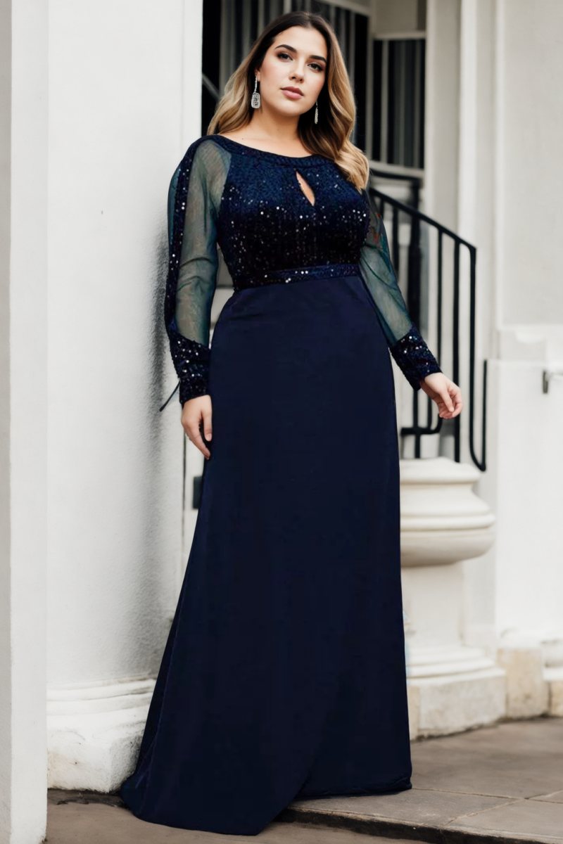 Aspen Plus Size Navy Long Sleeve Evening Dress– Hello Curve
