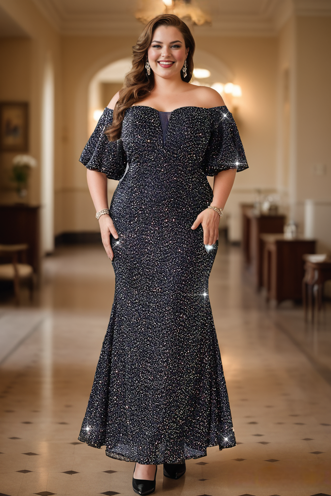 Mermaid V-neck Lace Up Tulle Gown Dark Navy Plus Size