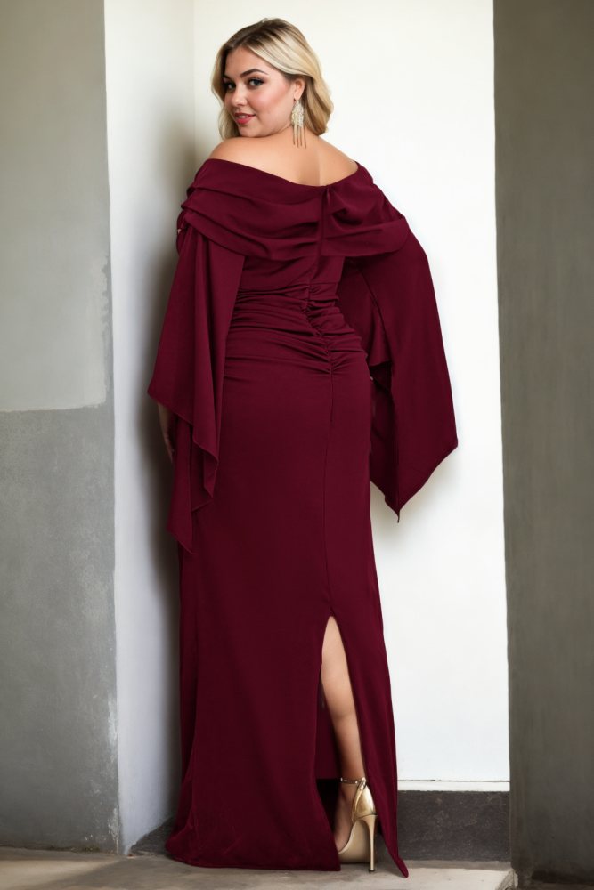 Plus Size Off Shoulder Fairy Sleeve Maxi Dress - Red Back View