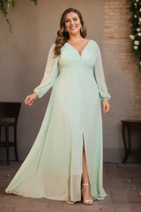 Plus Size Pastel Green Long Sleeve Evening Dress