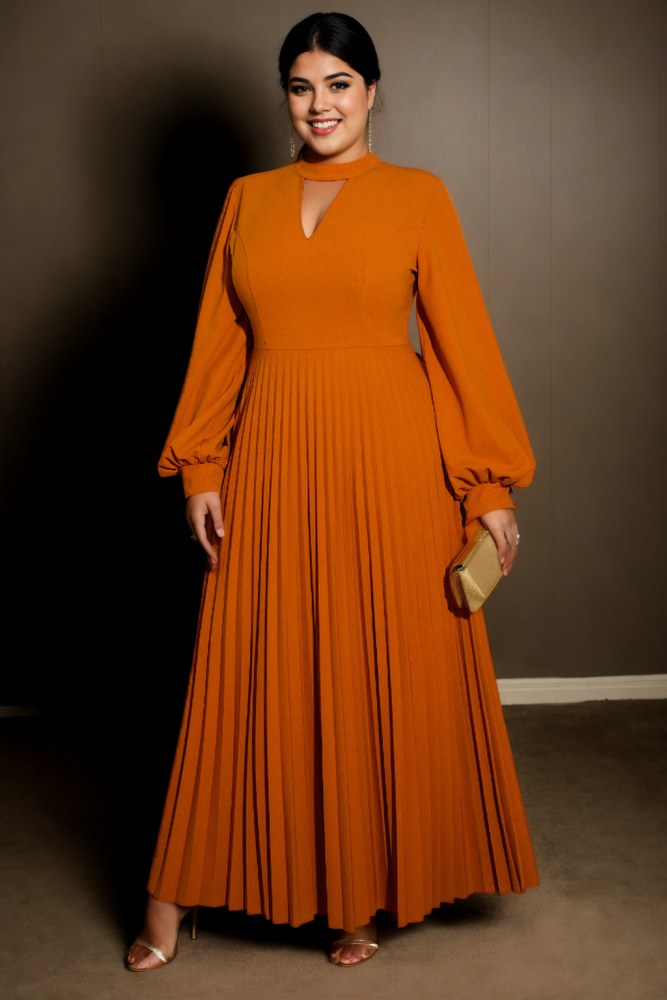 Plus Size Formal Pleat Long Sleeve Maxi Dress