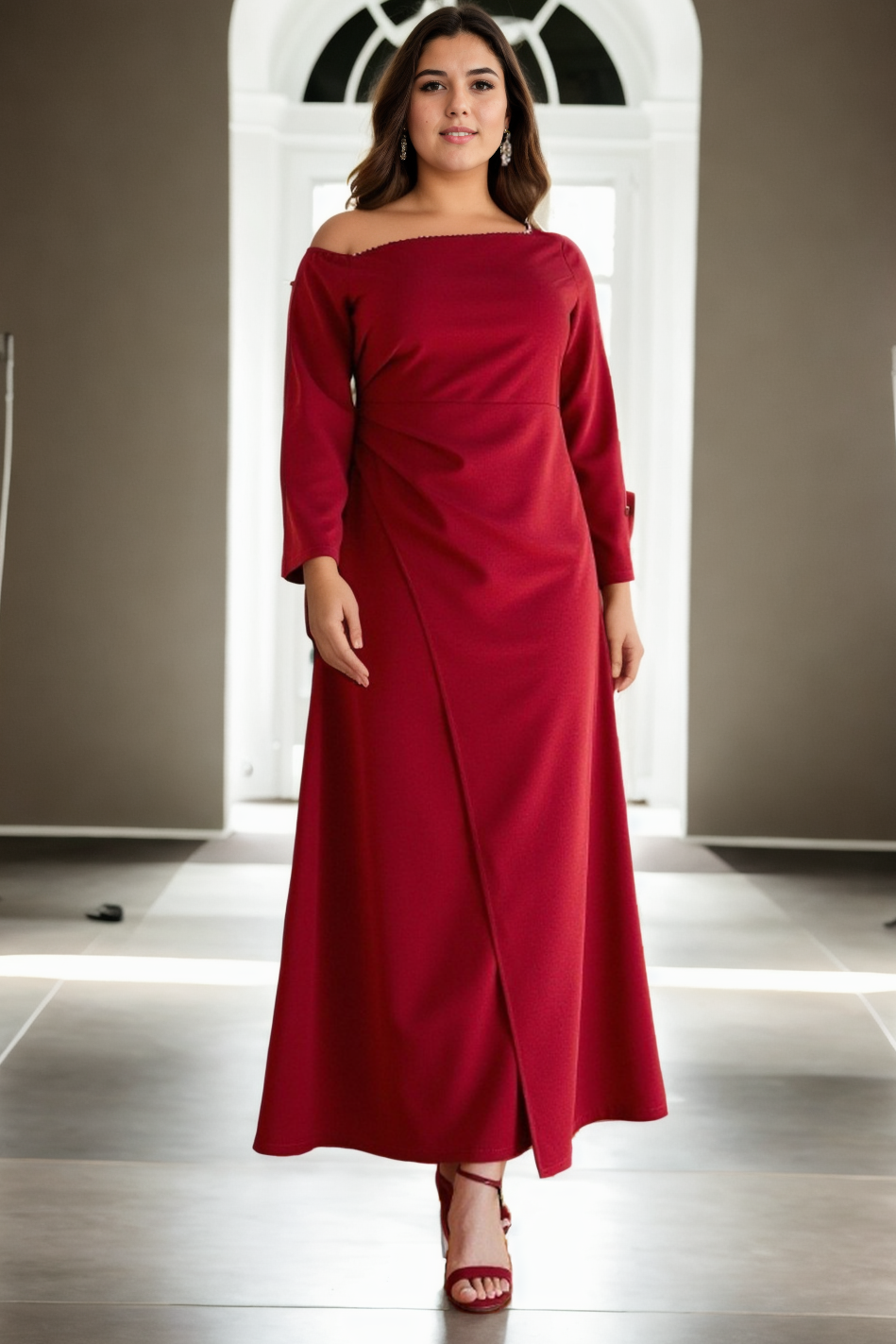Plus Size Red Off Shoulder Long Sleeve Evening Dress