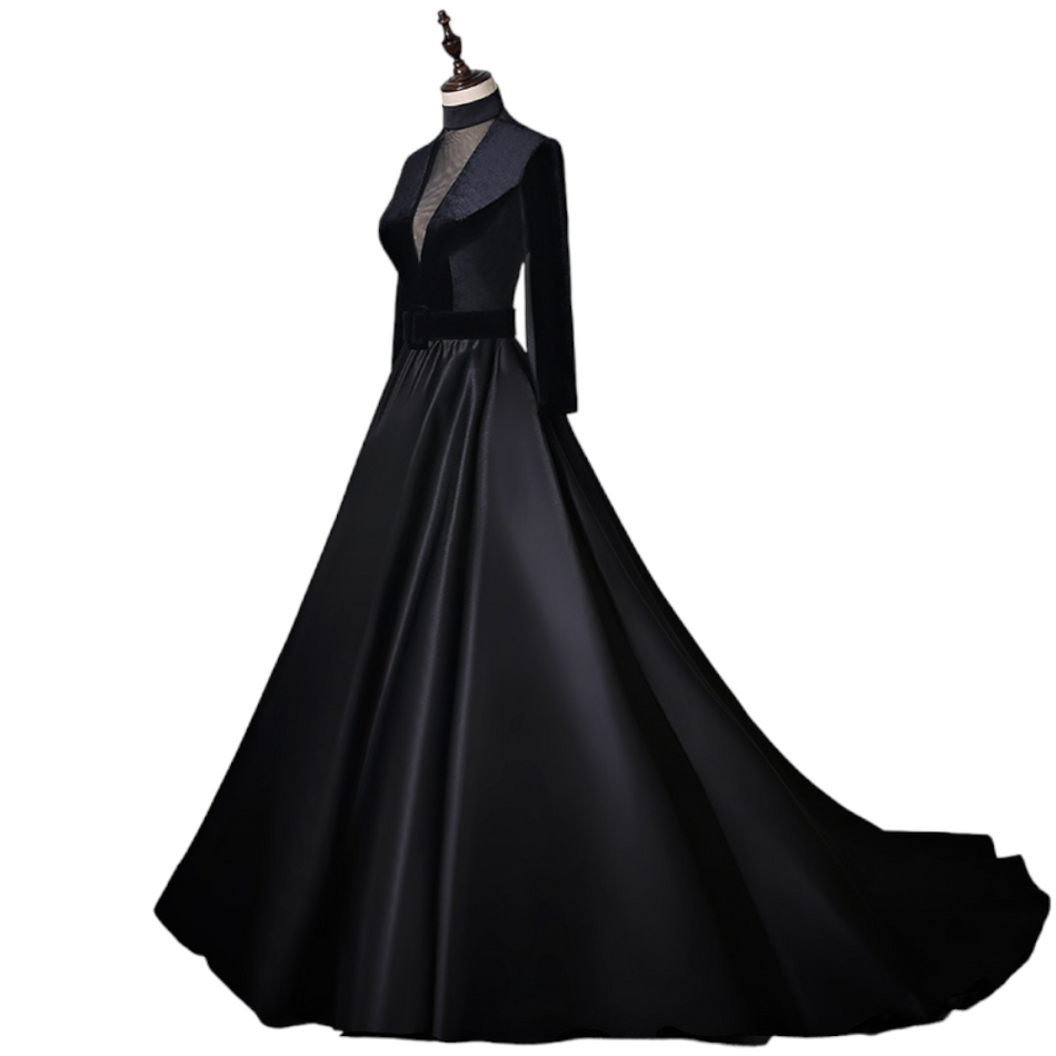 Plus Size Black Long Sleeve Gown with Train