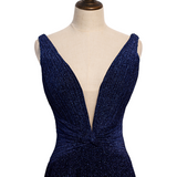 Plus Size Plunge V Neck Navy Evening Dress