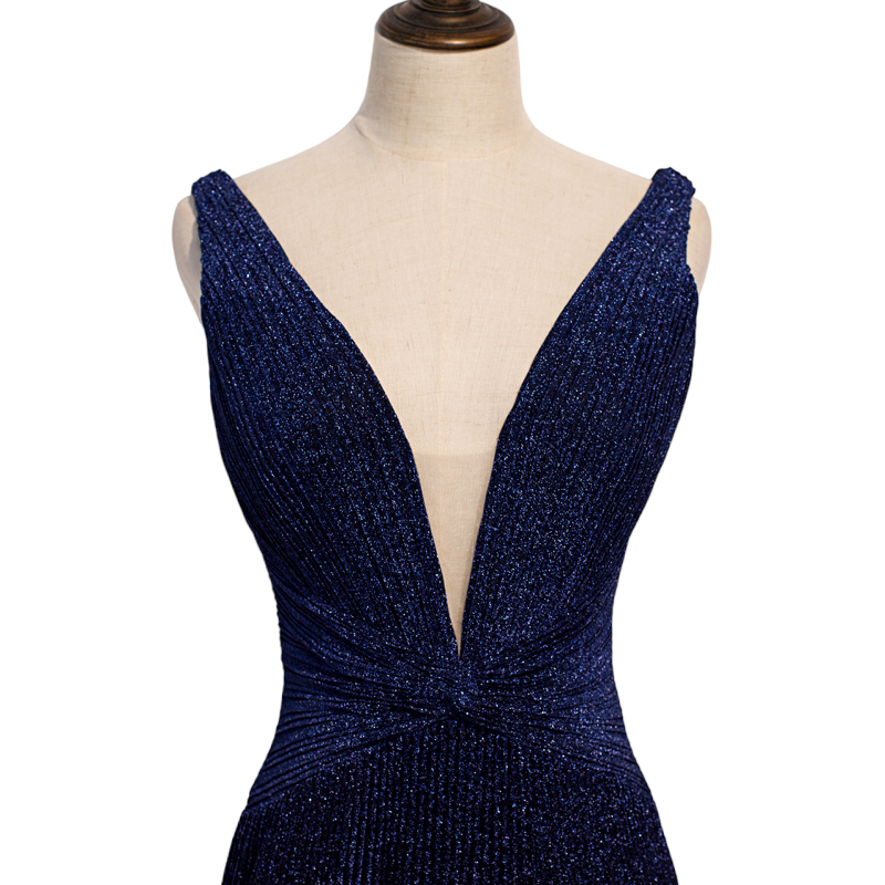 Plus Size Plunge V Neck Navy Evening Dress