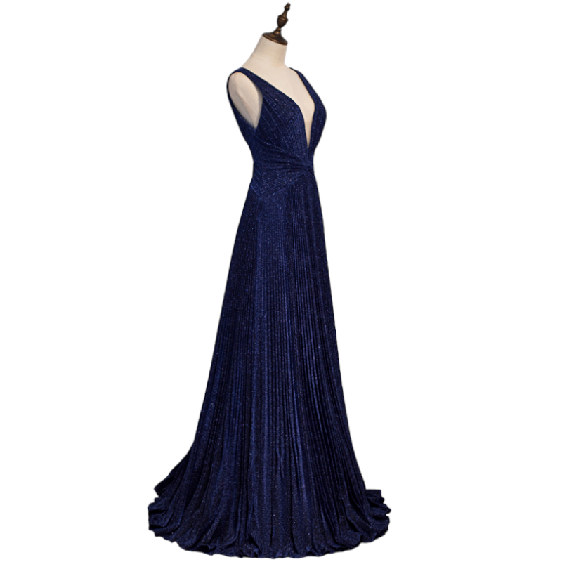 Plus Size Plunge V Neck Navy Evening Dress
