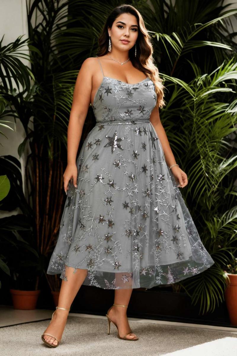 Meredyth Plus Size Stars Sequin Party Midi Dress– Hello Curve