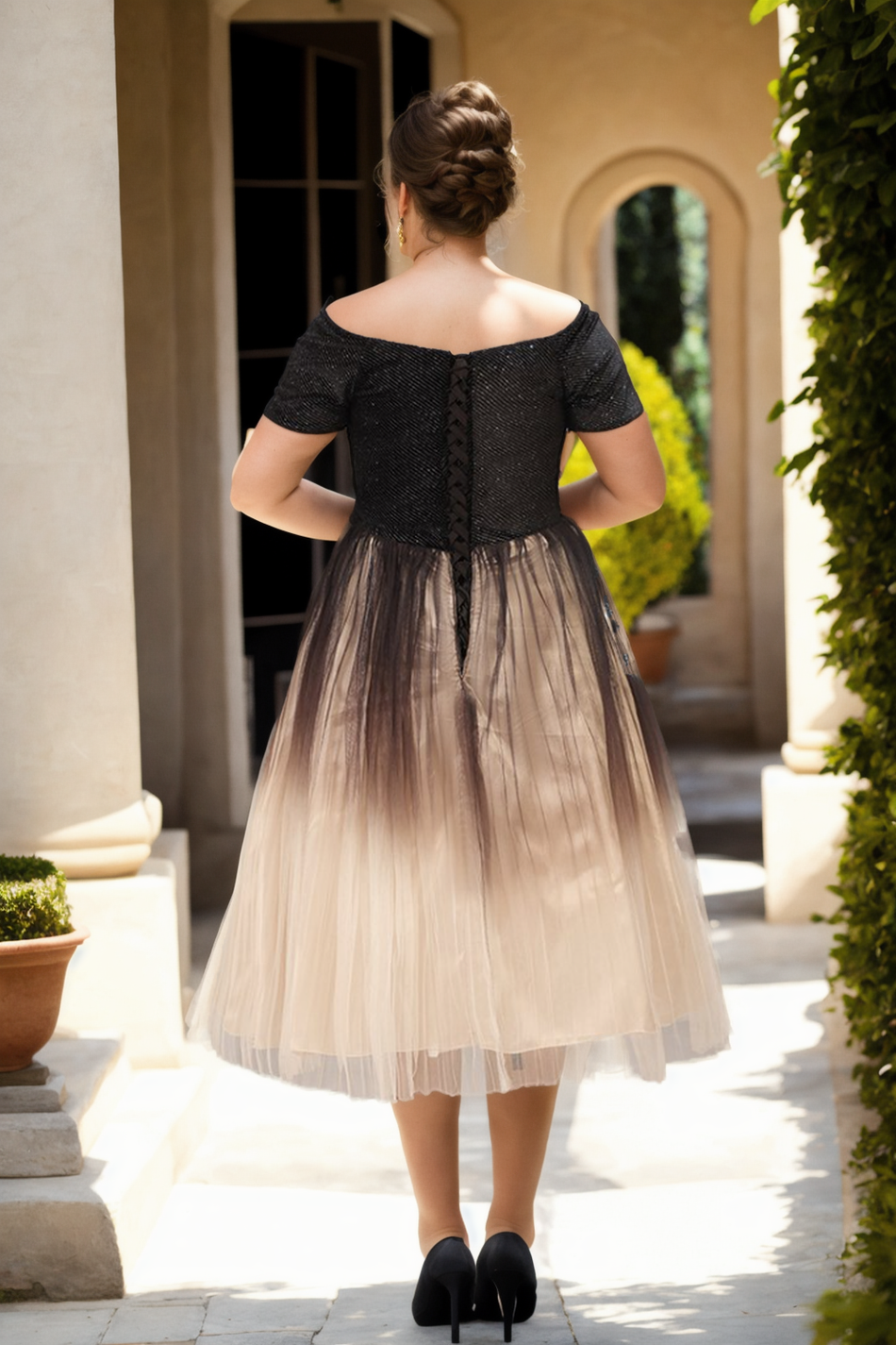 Plus Size Tulle Off Shoulder Cocktail Dress - Back View
