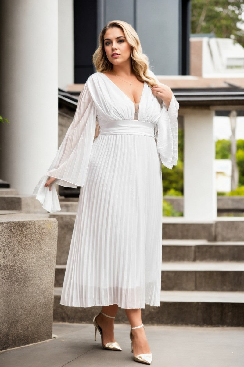 Plus Size Grecian Long Sleeve Dress - white flare sleeves