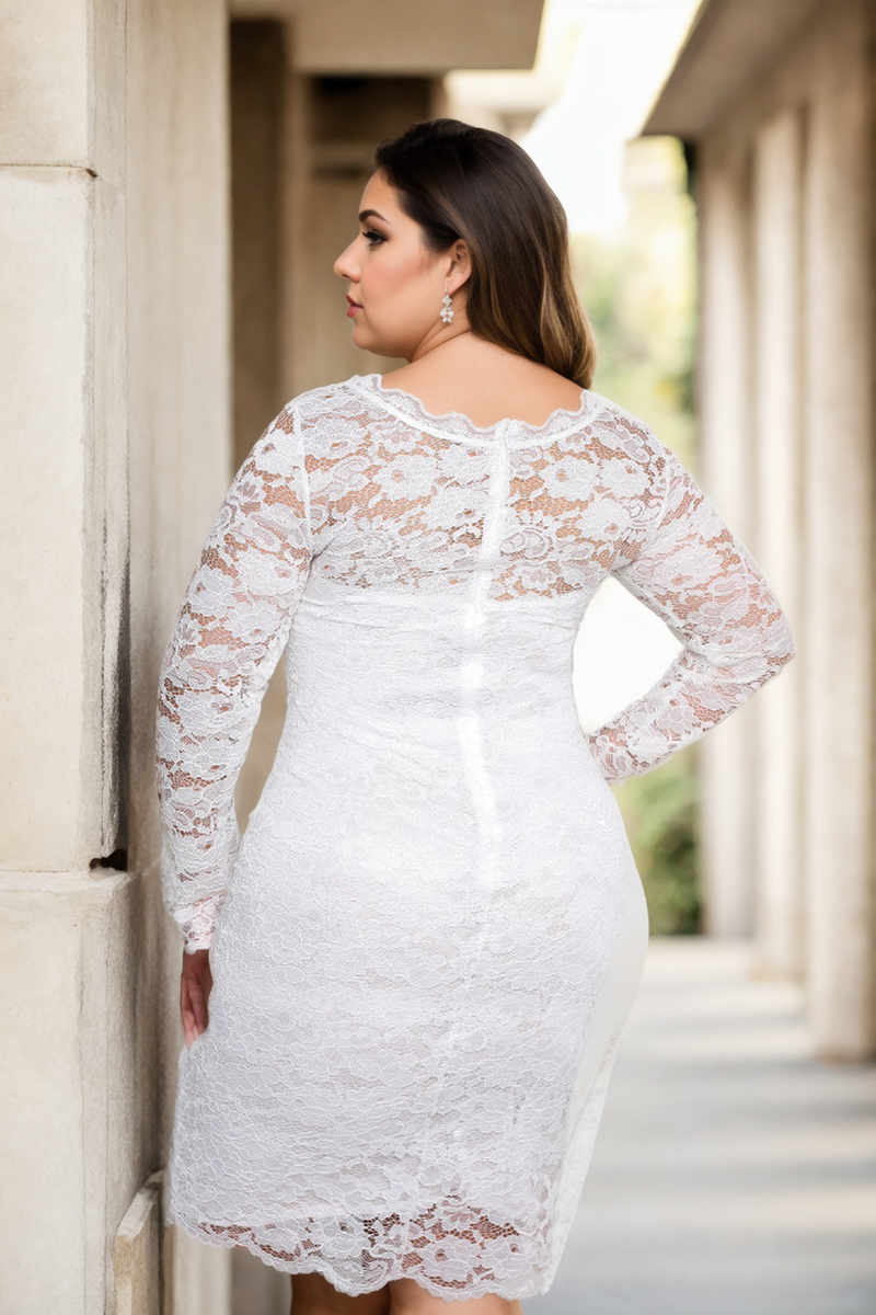 Tena Plus Size White Lace Bodycon Long Sleeve Dress– Hello Curve
