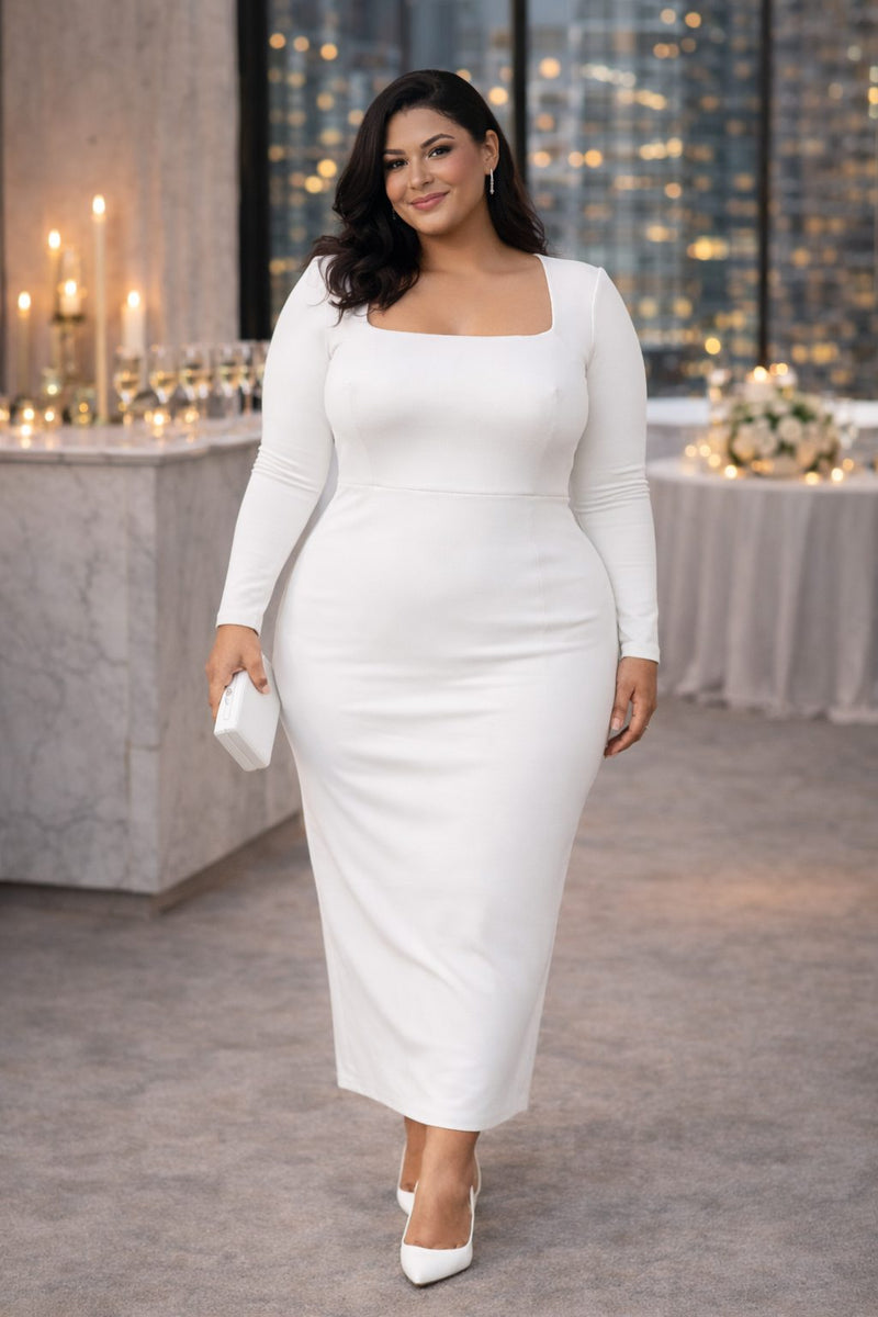 Selene Plus Size White Square Neck Fitted Midi Dress Hello Curve
